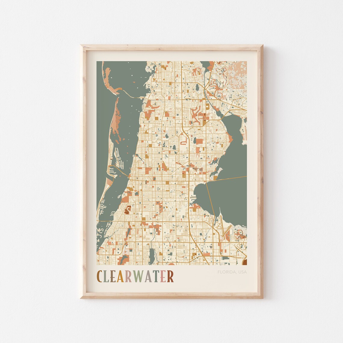 Clearwater Florida Colorful Retro Warm Tone Coastal City Map Poster