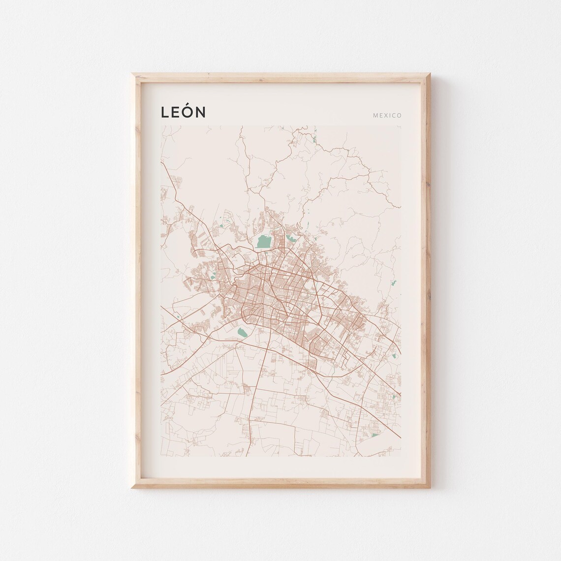 Leon Mexico City Street Map Farmhouse Style Poster Art Gift Wall