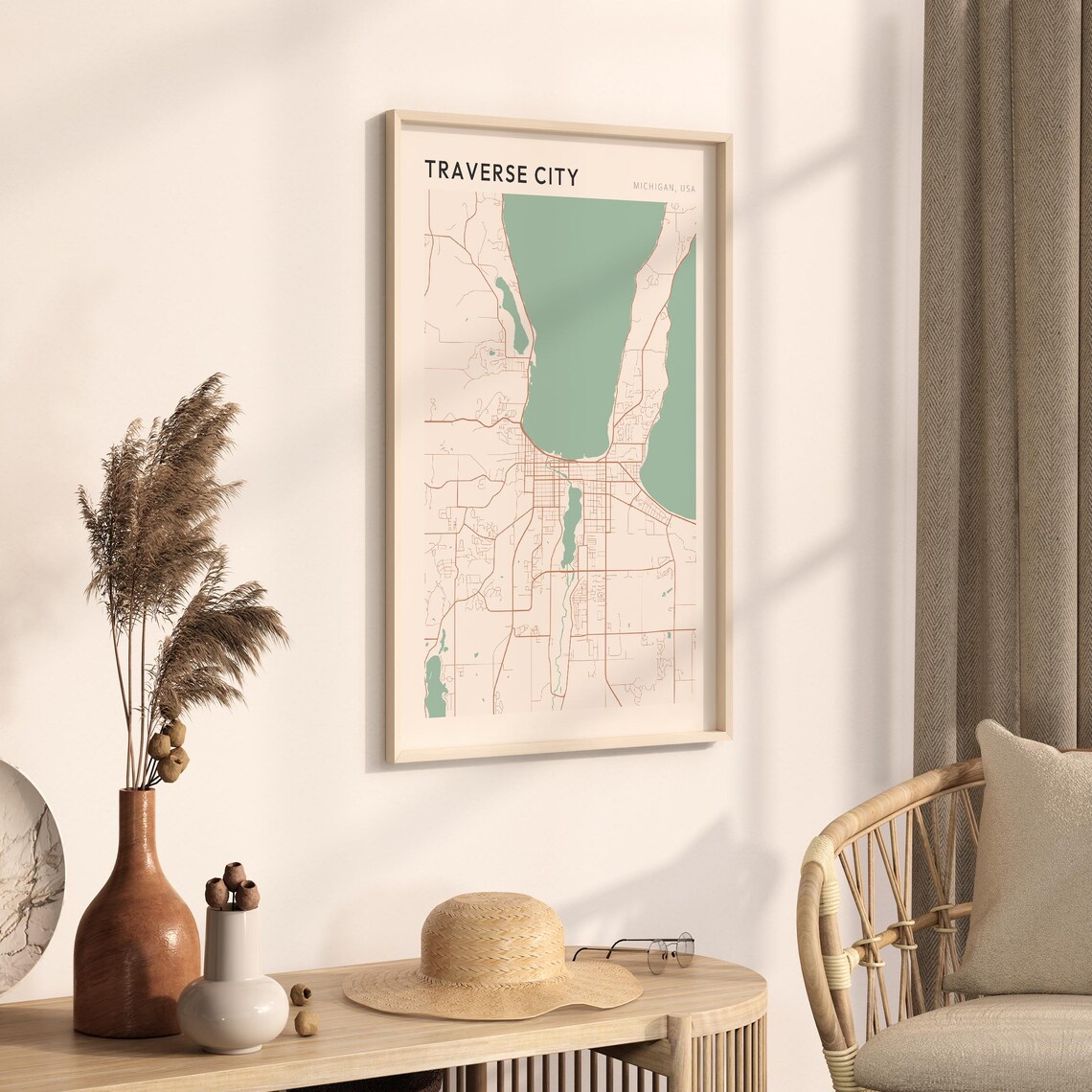Traverse City Michigan Street Map Poster in Warm Brown Sage and Cream Tones - Image 3