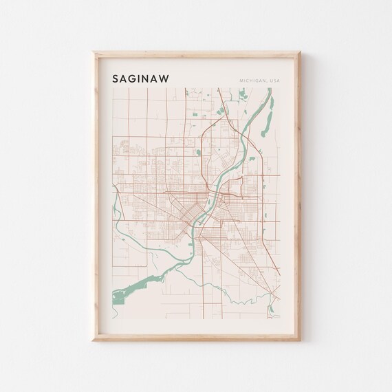 Saginaw Michigan Street Map Poster in Warm Brown Sage and Cream Tones