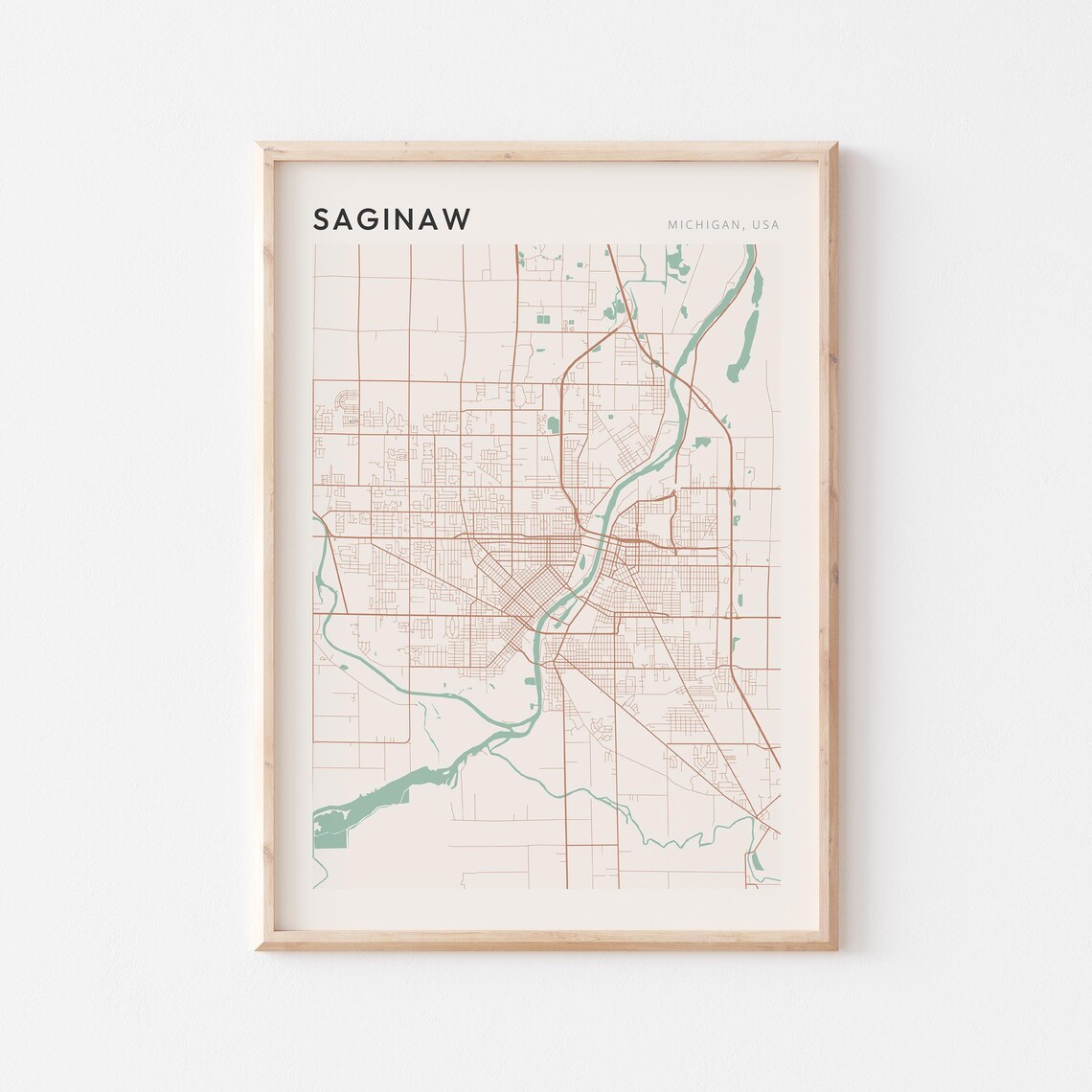 Saginaw Michigan Street Map Poster in Warm Brown Sage and Cream Tones