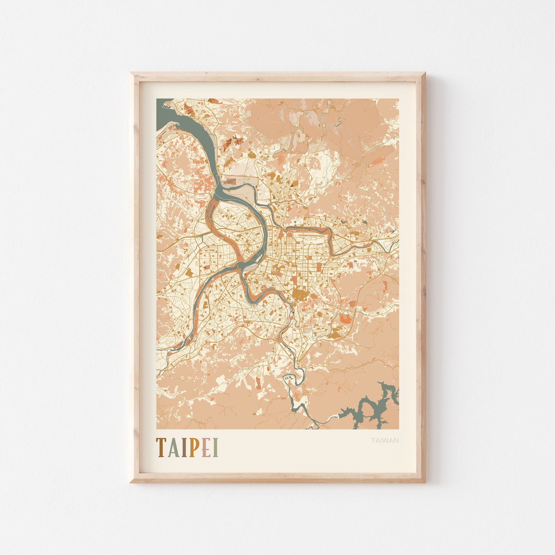 Taipei Taiwan Minimalist Street Map Poster in Boho Neutral Tones