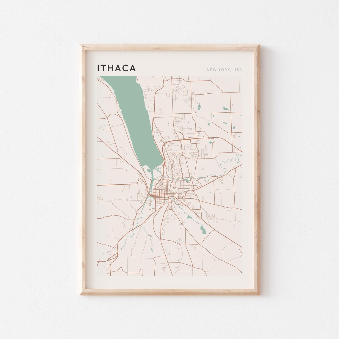 Ithaca New York USA Modern Beige Minimal City Street Map Poster