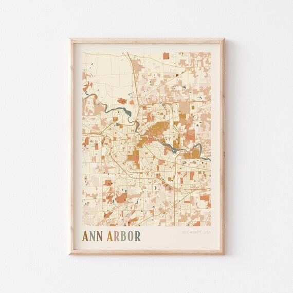 Ann Arbor Michigan Vintage Style Warm Tone City Street Map Poster