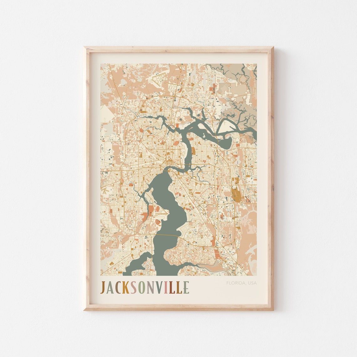 Jacksonville Florida Retro City Map Poster with Saint Johns River