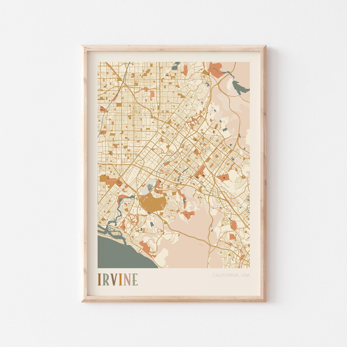 Irvine California Warm Earth Tone City Street Map Art Decor Poster