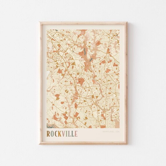 Rockville Maryland City Map Poster Earth Tone Boho Minimalist Map Wall Decor Gift