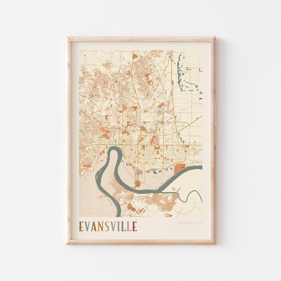 Evansville Indiana Colorful Vintage City Map Cartography Poster