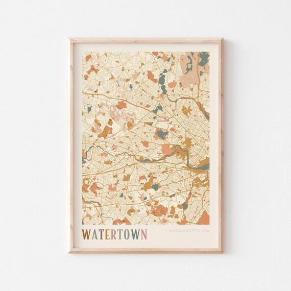 Watertown Massachusetts Boho Terracotta City Street Map Poster