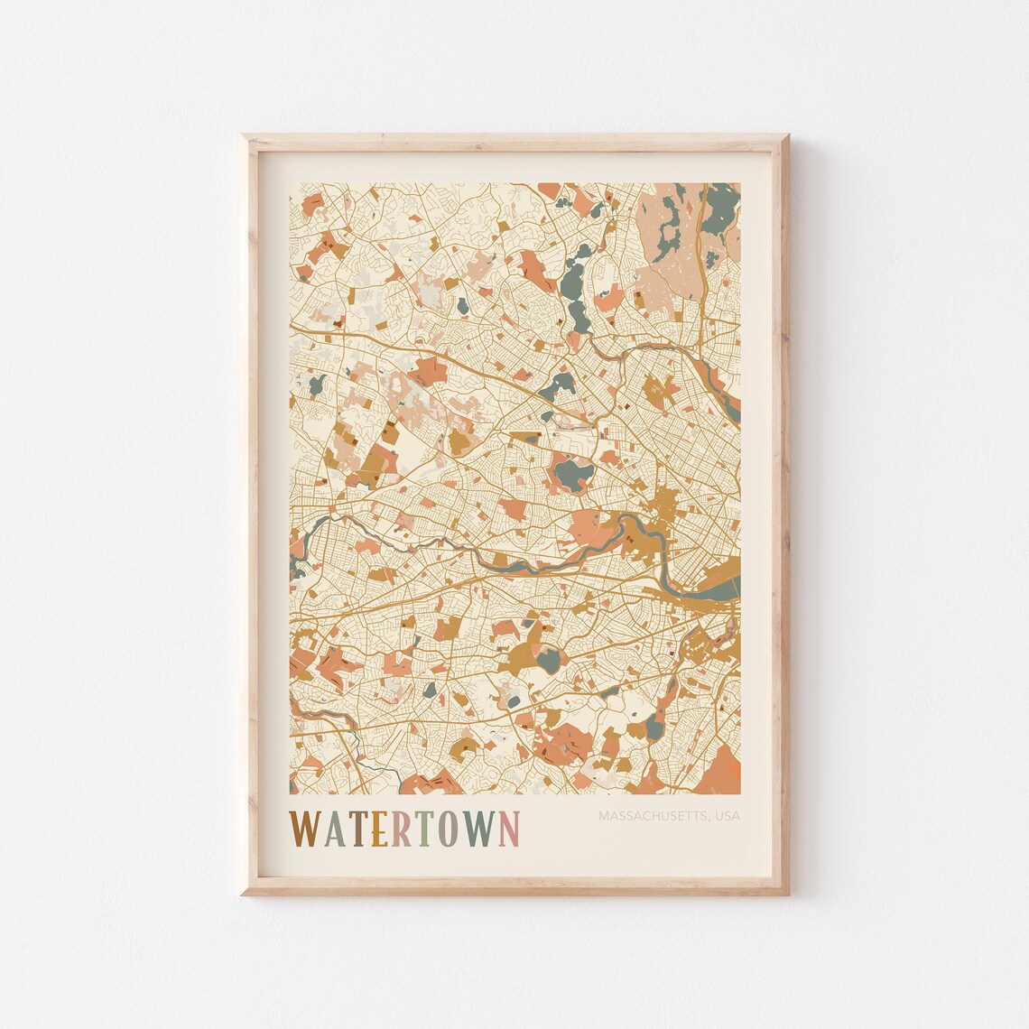 Watertown Massachusetts Boho Terracotta City Street Map Poster