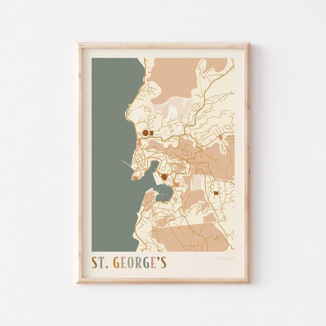 Saint George's Grenada City Map Sage Green Boho Travel Poster