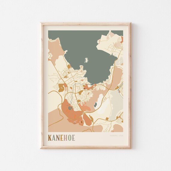 Kaneohe Hawaii Colorful Retro Coastal City Map Poster Boho Wall Decor
