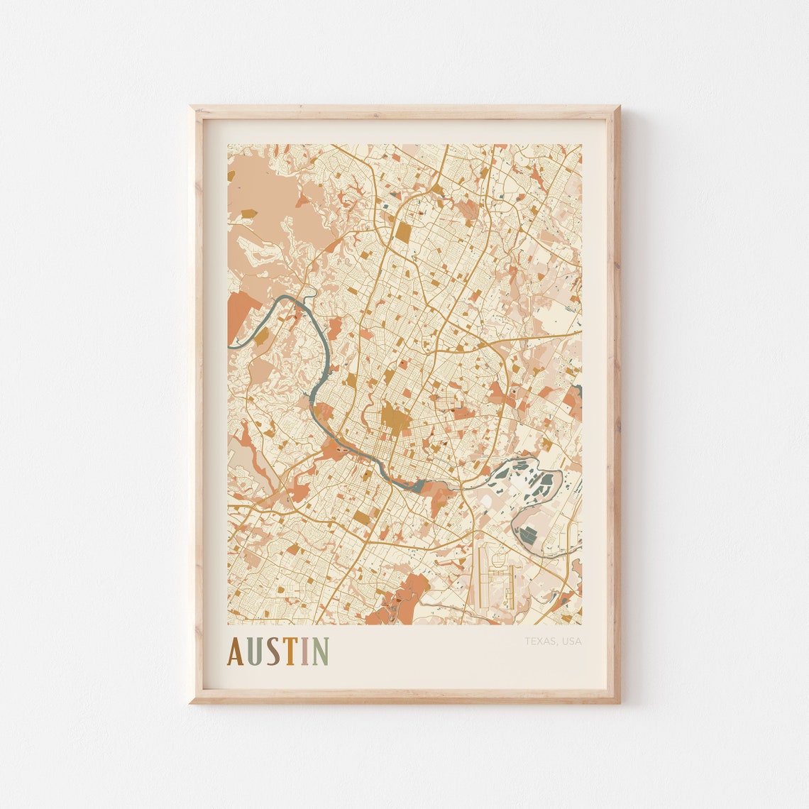 Austin Texas Retro City Map Poster with Colorado River Bends