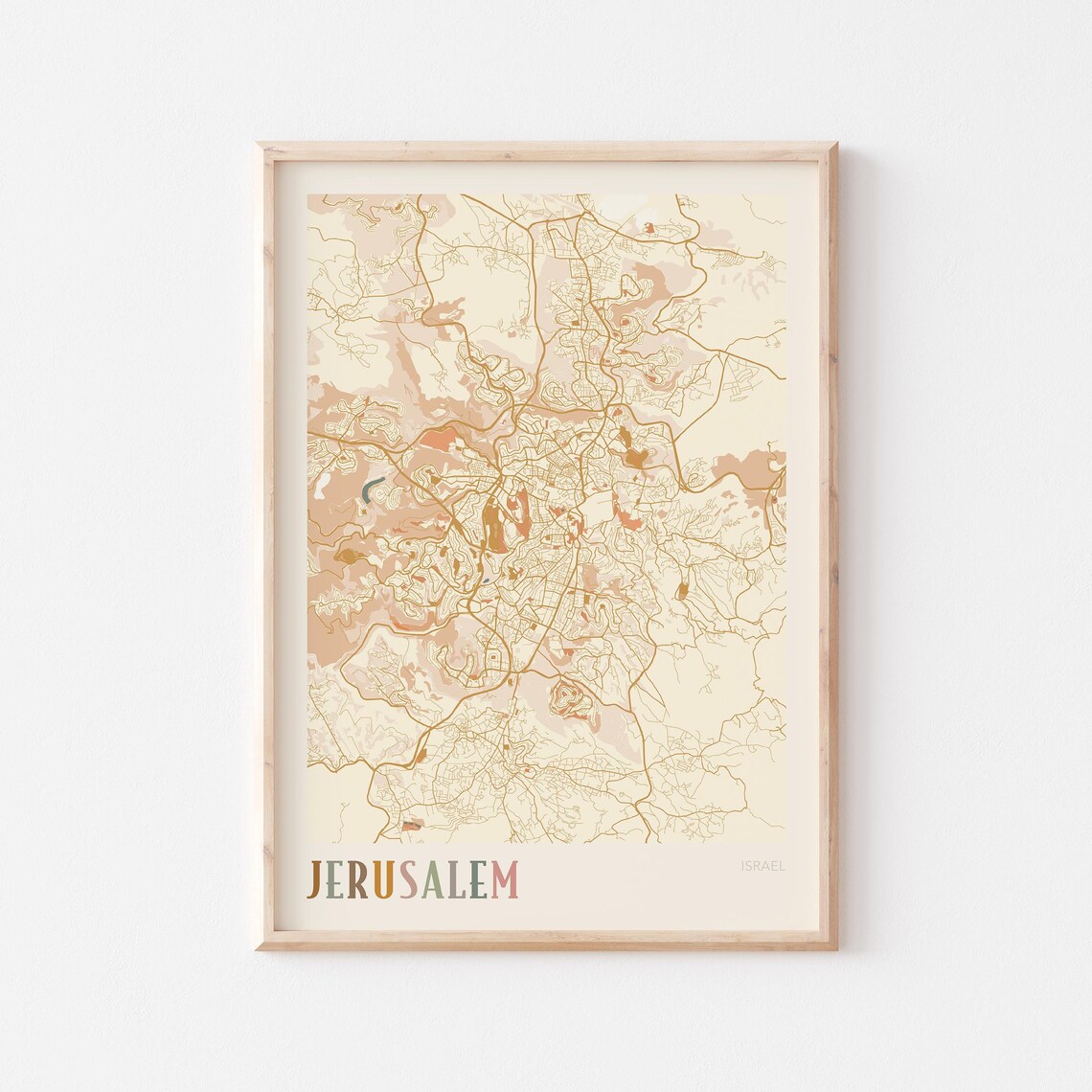 Jerusalem Israel City Map Poster Boho Warm Minimalist Travel Decor Gift