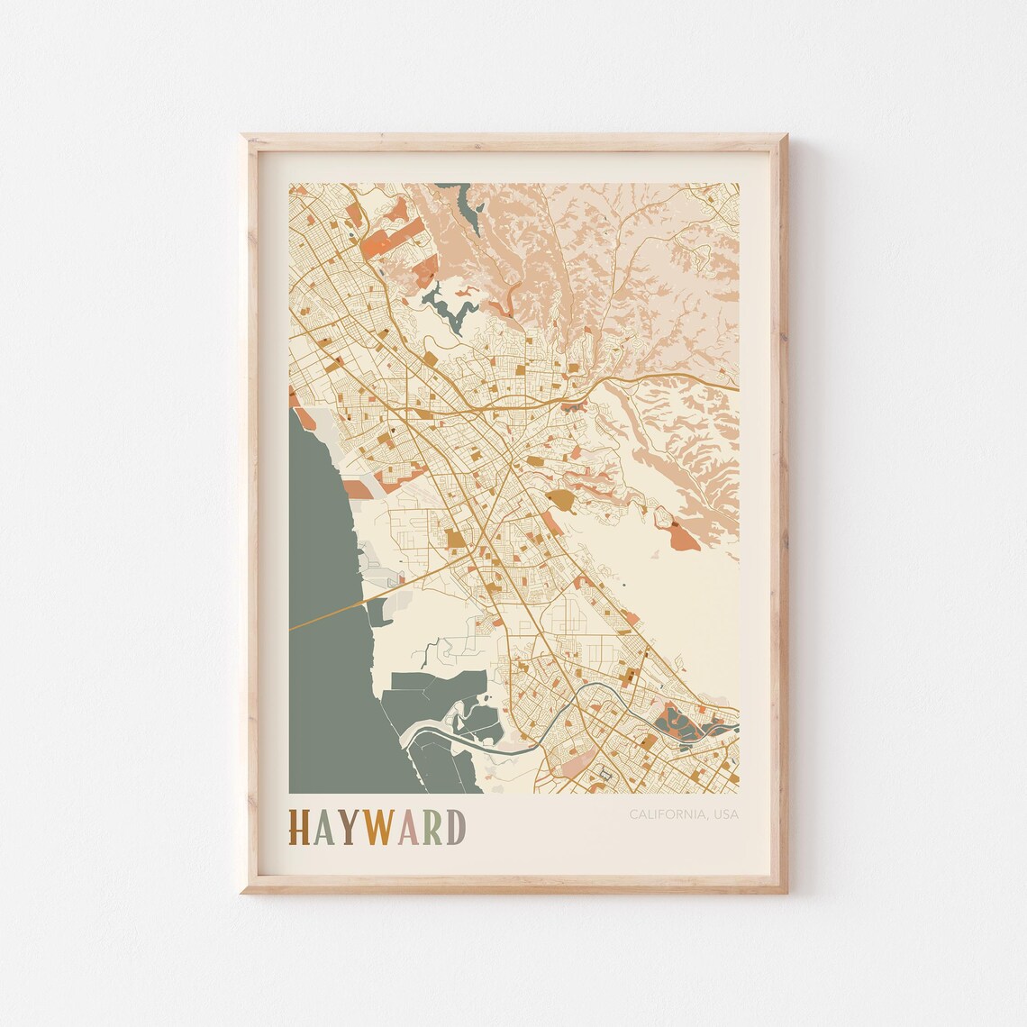 Hayward California Warm Earth Tone City Street Map Art Decor Poster