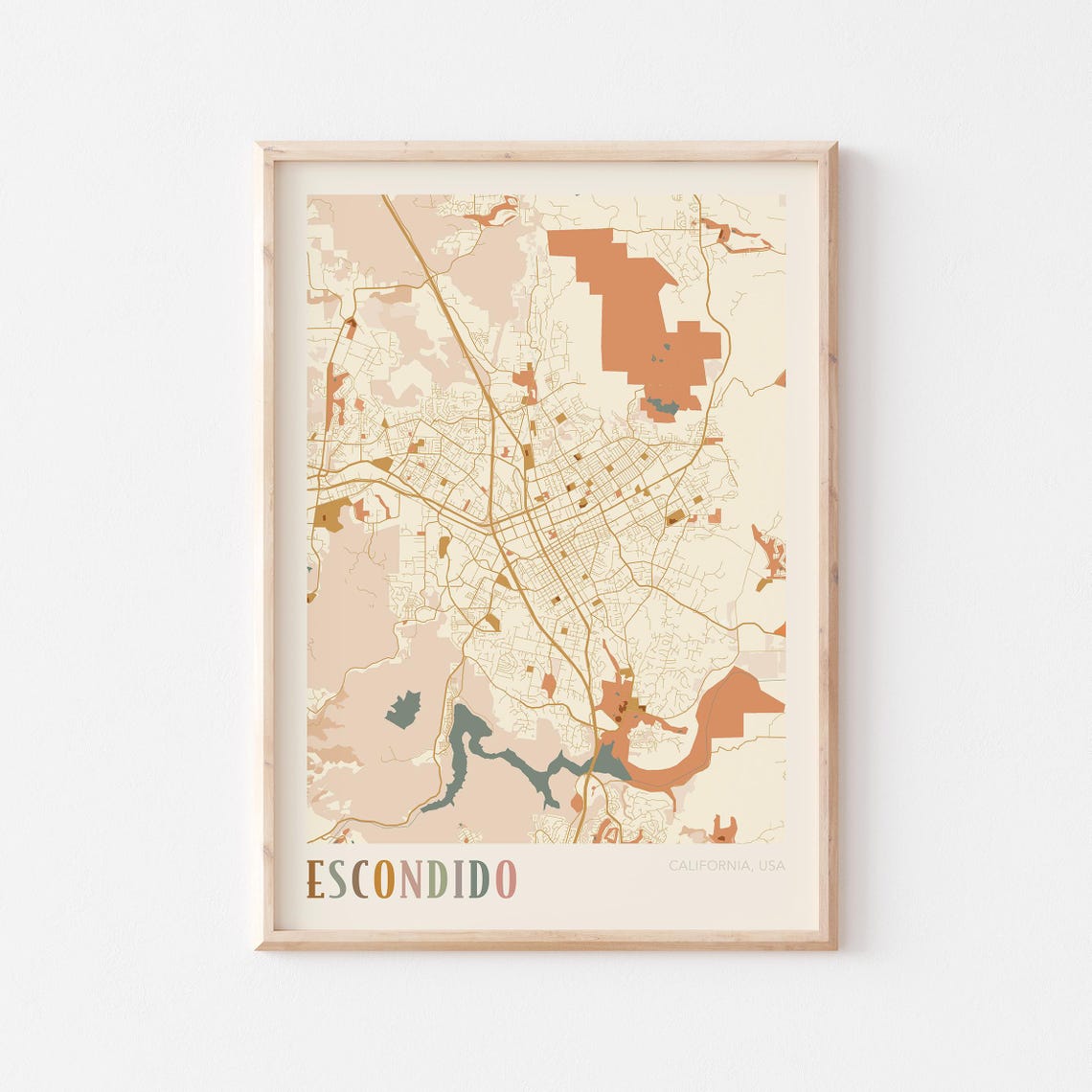 Escondido California Warm Tones City Map Poster for Living Room Decor