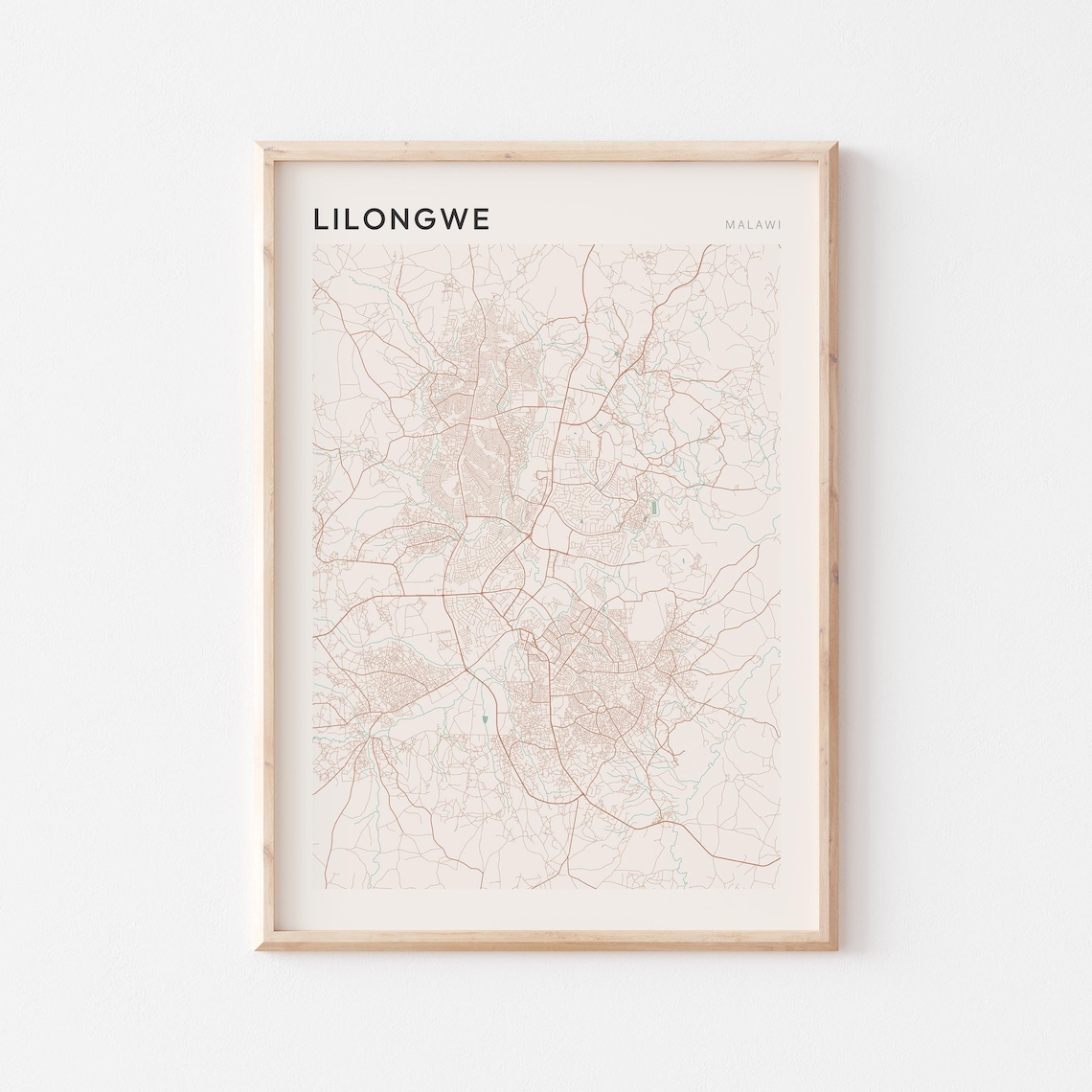 Lilongwe Malawi City Street Map Poster Cream Minimalist Travel Decor