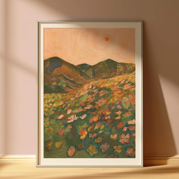 California Poppy Landscape Retro Desert Wildflower Art Print