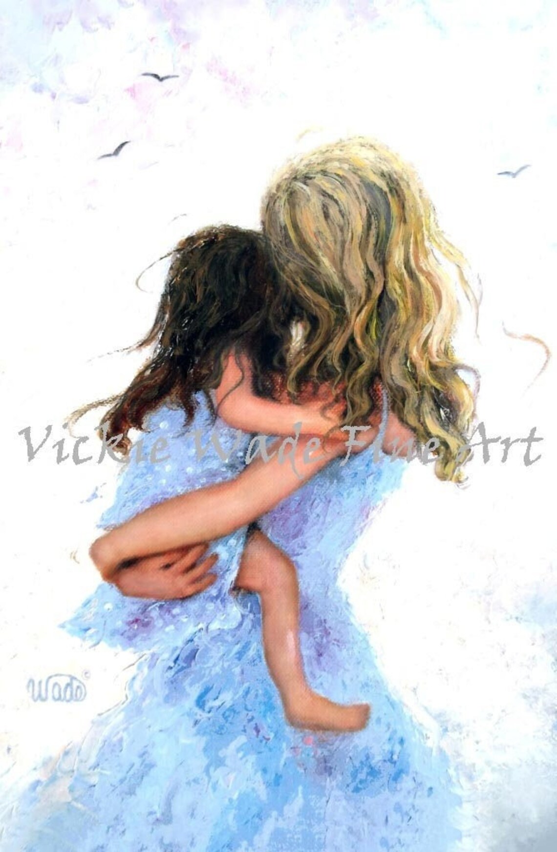 Loving Mother Holding Her Daughter Close in Blue Dresses Poster