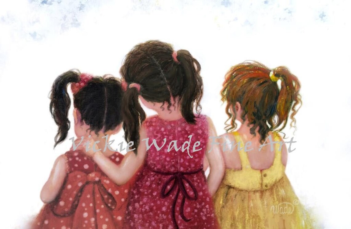 Three Little Sisters Hugging in Pink and Yellow Dresses Poster