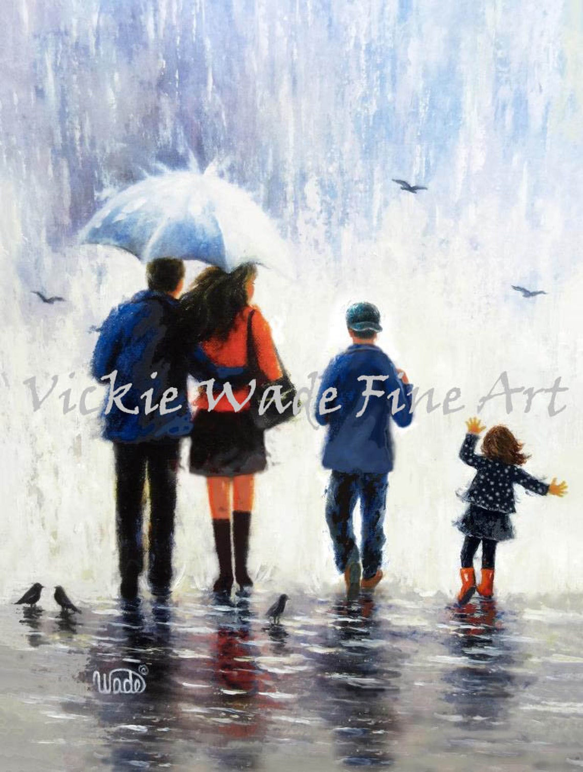 Father Mother Son Daughter Art Print Rain Family Teen Son Young Daughter Dad Mom Big Brother Little Sister Wall Art Vickie Wade Art