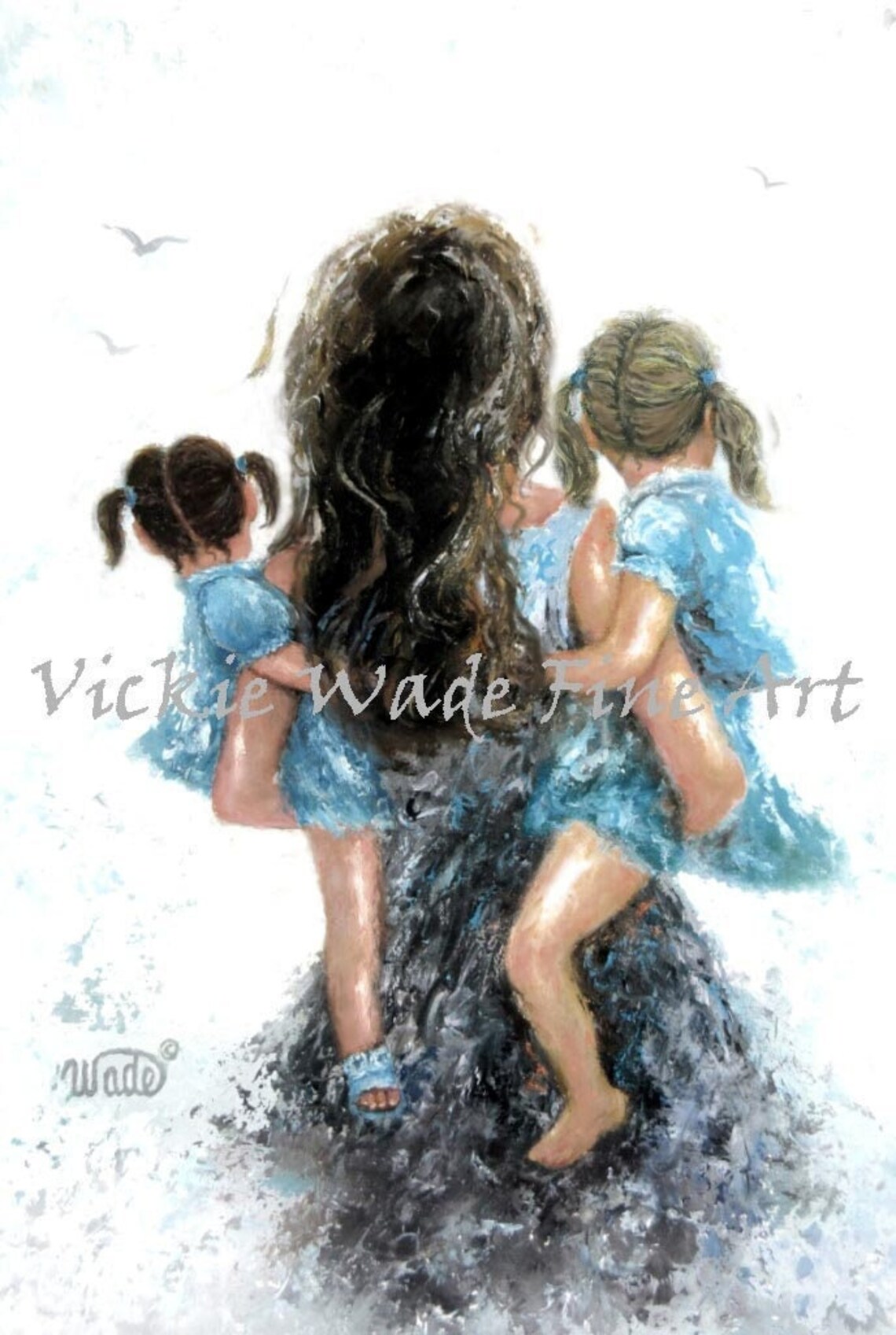 Mother Carrying Two Little Girls in Her Arms Seen From Behind Poster