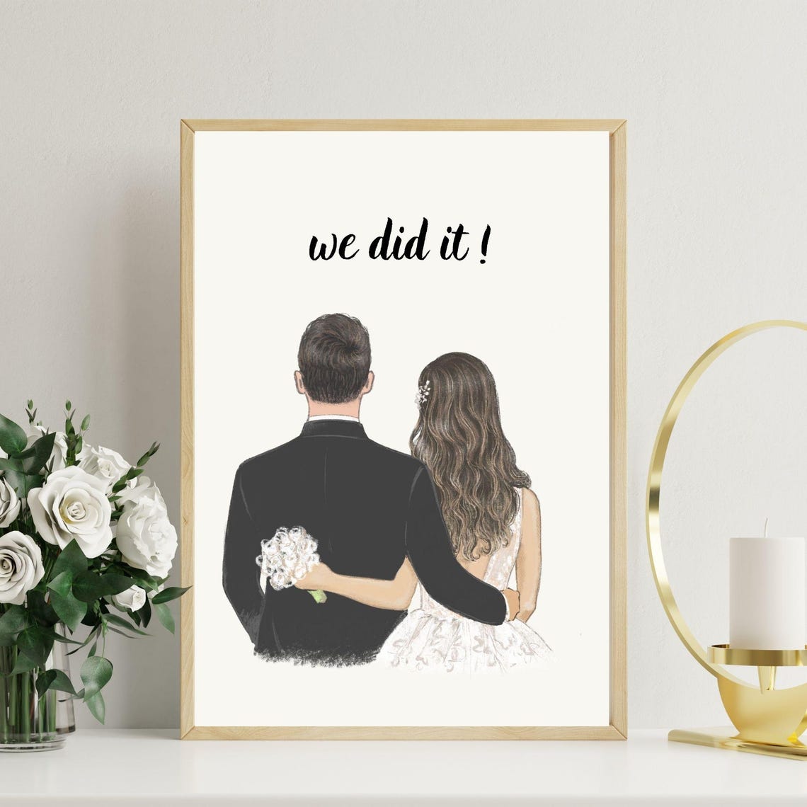 We Did It Bride And Groom Illustration Romantic Wedding Wall Poster