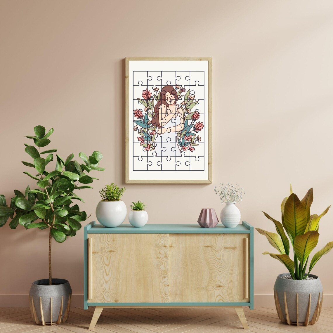 Floral Puzzle Woman Tropical Blooms Botanical Line Art Wall Poster - Image 7