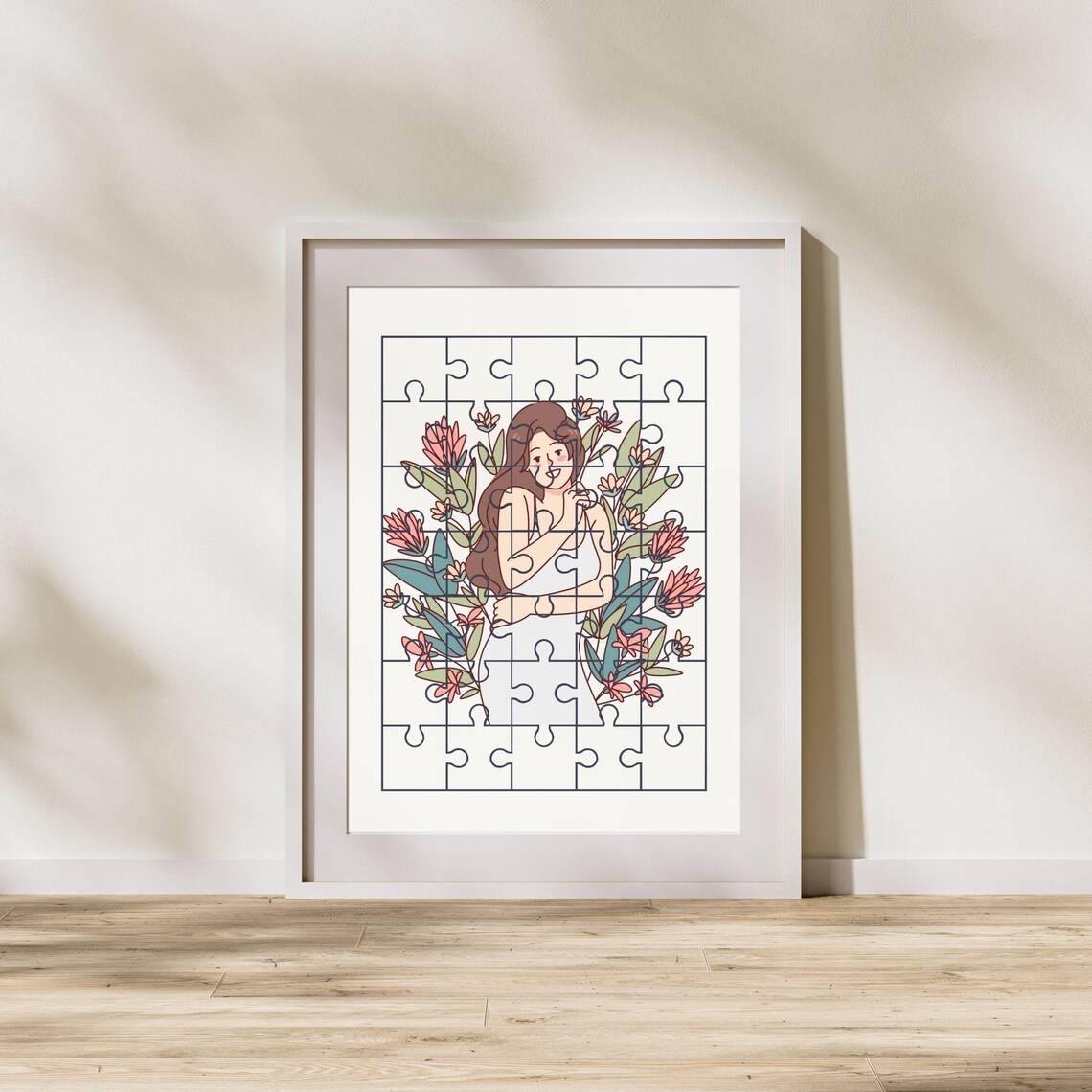 Floral Puzzle Woman Tropical Blooms Botanical Line Art Wall Poster - Image 2