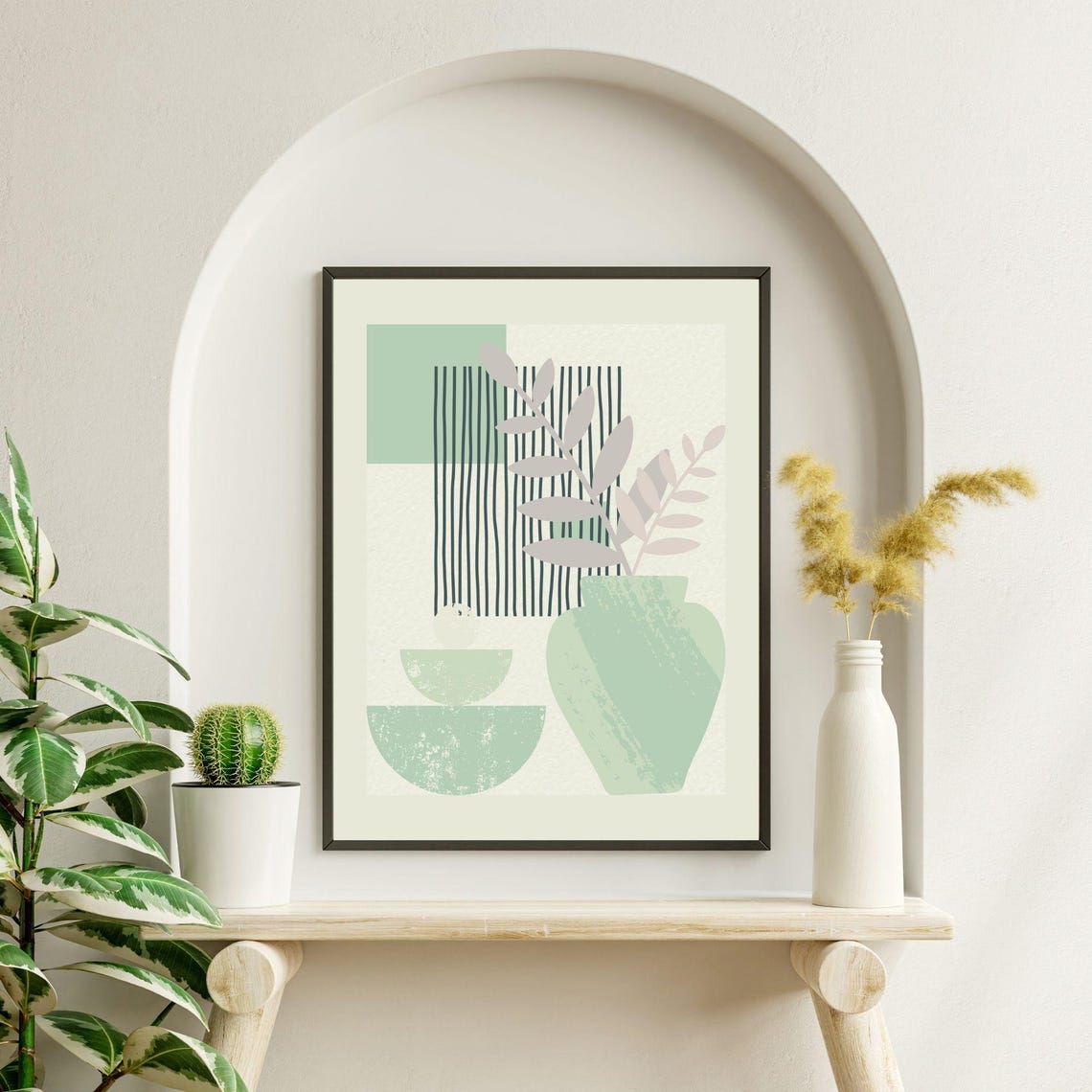 Boho Green Vase With Leaves Abstract Botanical Minimalist Wall Poster