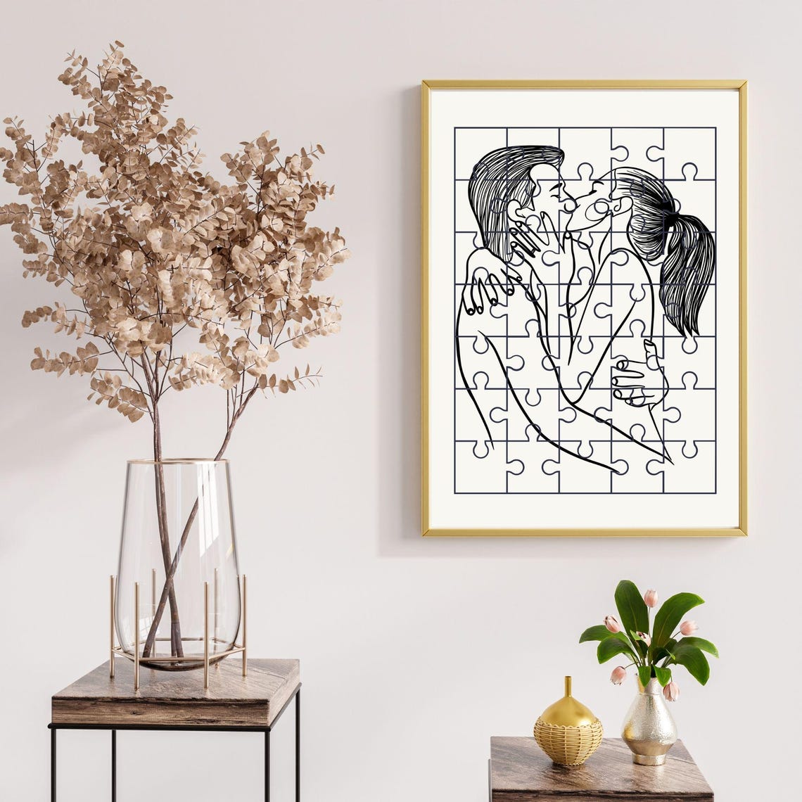 Passionate Couple Puzzle Kiss Line Art Romantic Black White Poster - Image 7