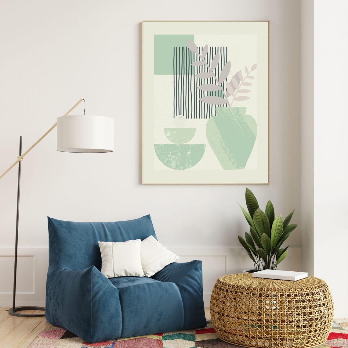 Boho Green Vase With Leaves Abstract Botanical Minimalist Wall Poster - Image 2