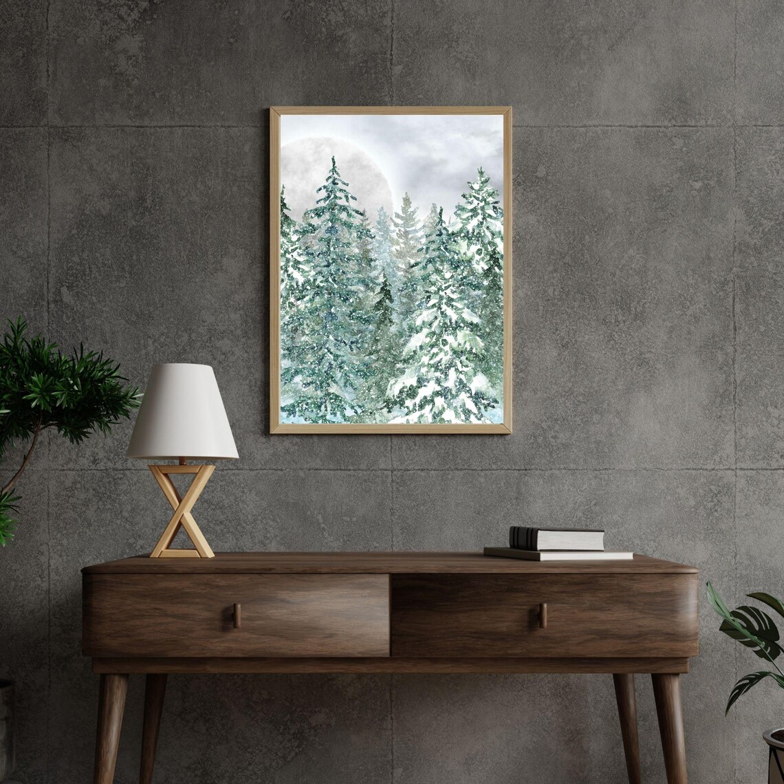 Snowy Pine Forest Moonlight Watercolor Winter Landscape Wall Poster - Image 2