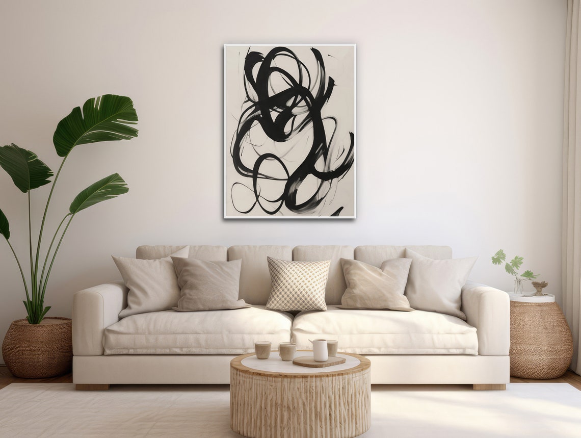 Black Brushstroke Swirl Abstract Off White Minimal Modern Wall Art - Image 3