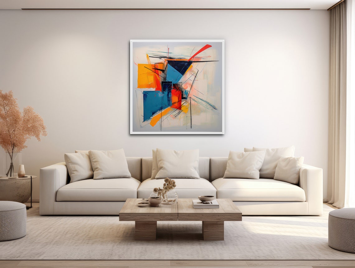 Blue Orange Abstract Expressionist Dynamic Shapes Modern Bold Wall Art - Image 3