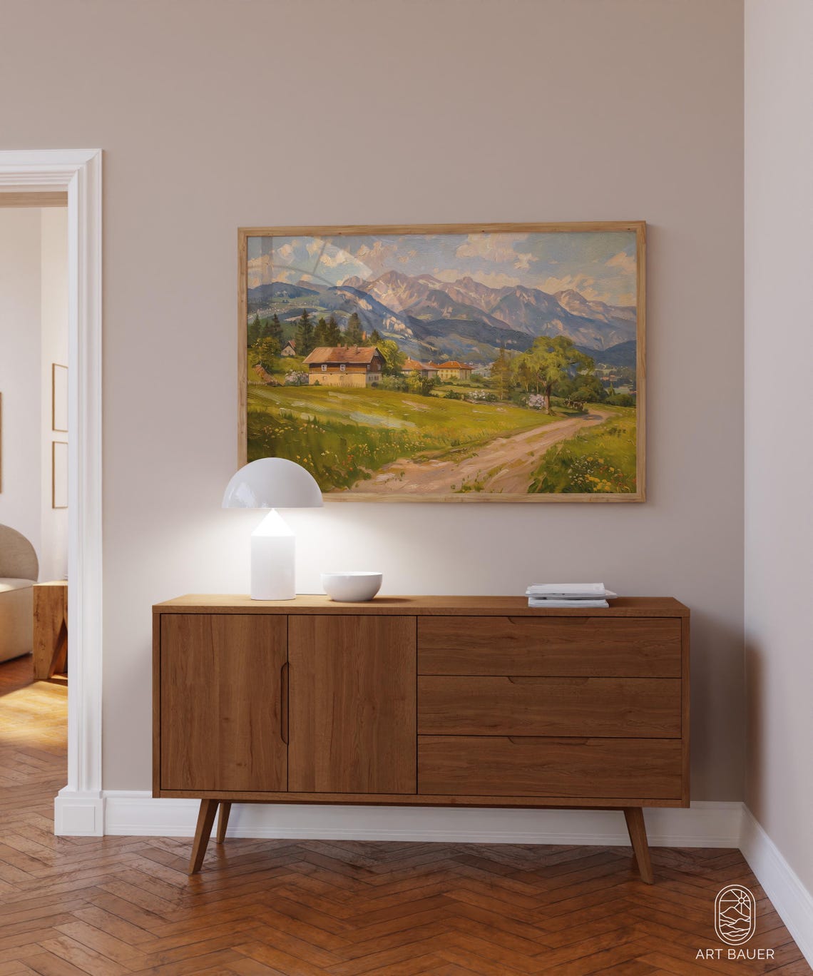 Austrian Alpine Village Spring Chalets Meadows Snowy Peaks Art Poster - Image 4