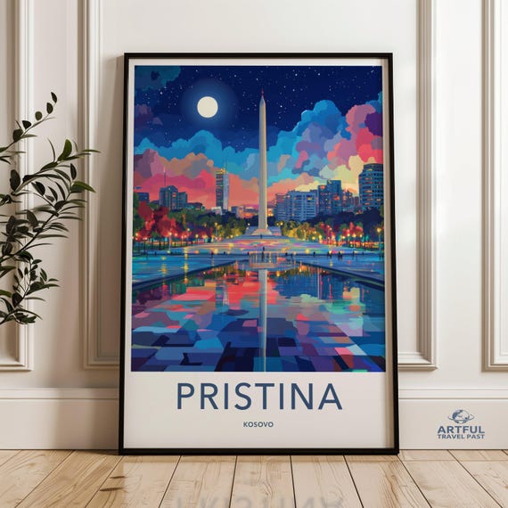 Pristina Wall Art Vibrant Cityscape Print Kosovo Skyline Poster Colorful Night Scene Modern Decor Travel Gift