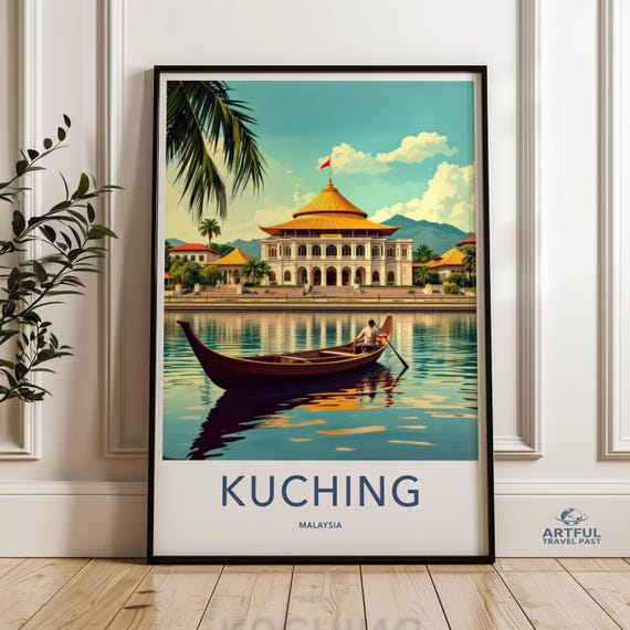 Kuching Malaysia Wall Art Travel Print Vintage Style Poster Southeast Asian Cityscape Home Or Office Decor