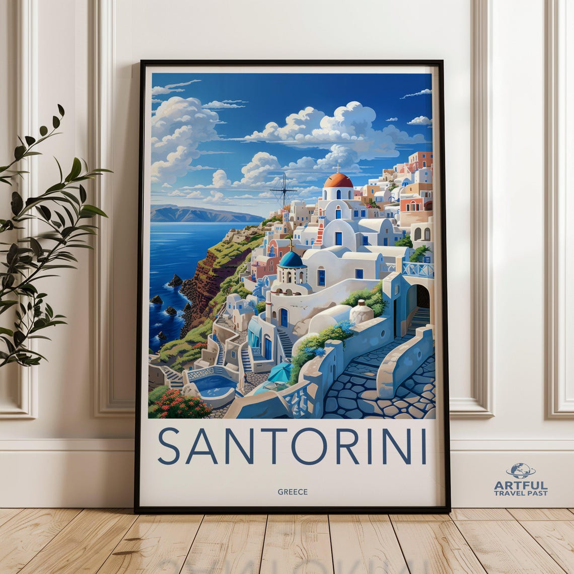 Santorini Greece Blue Dome Whitewashed Village Travel Poster
