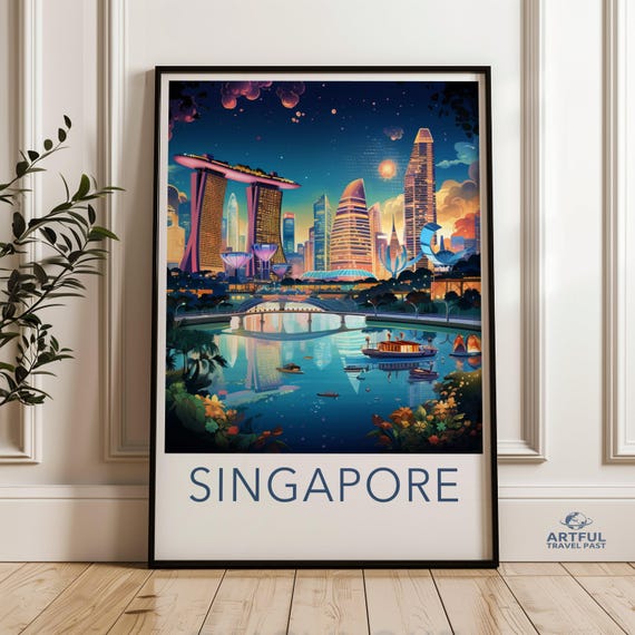 Singapore Cityscape Wall Art Colorful Night Skyline Print Poster Vibrant City Scene Illustration Modern Home Decor