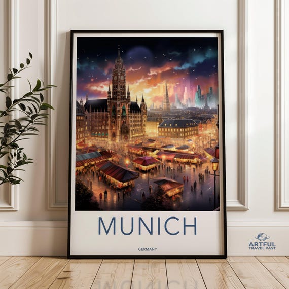 Munich Cityscape Wall Art Historical Architecture Colorful Night Market Landscape German Cultural Landmark City Decor