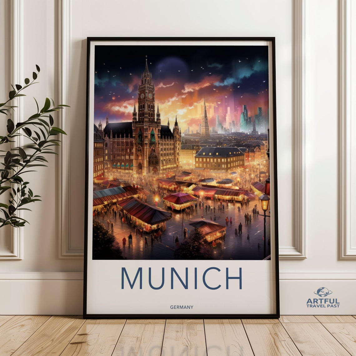 Munich Germany Night Market Square Clock Tower Travel Poster
