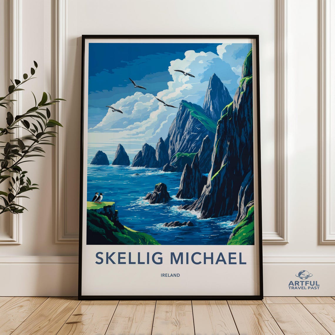Skellig Michael Ireland Rocky Cliffs and Puffins Travel Poster