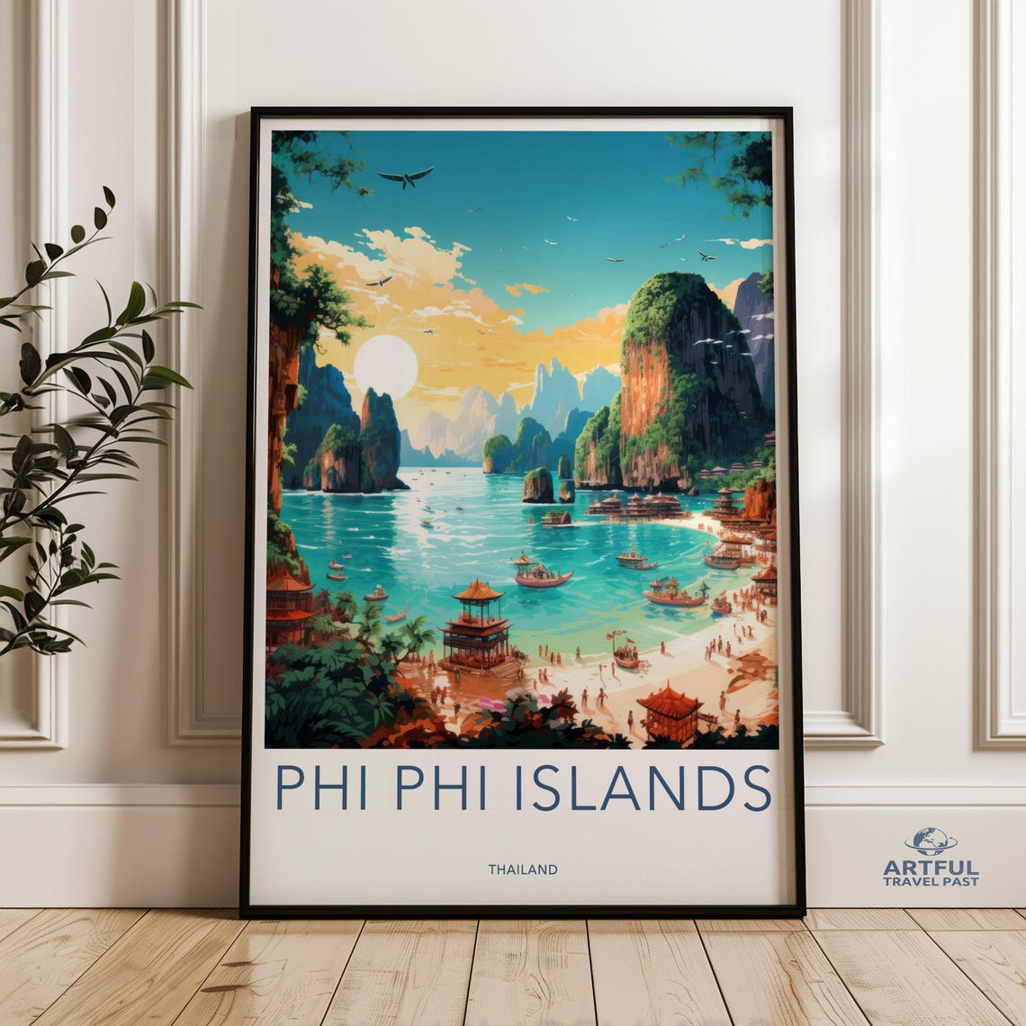 Phi Phi Islands Thailand Tropical Beach Karsts Longtail Boats Poster