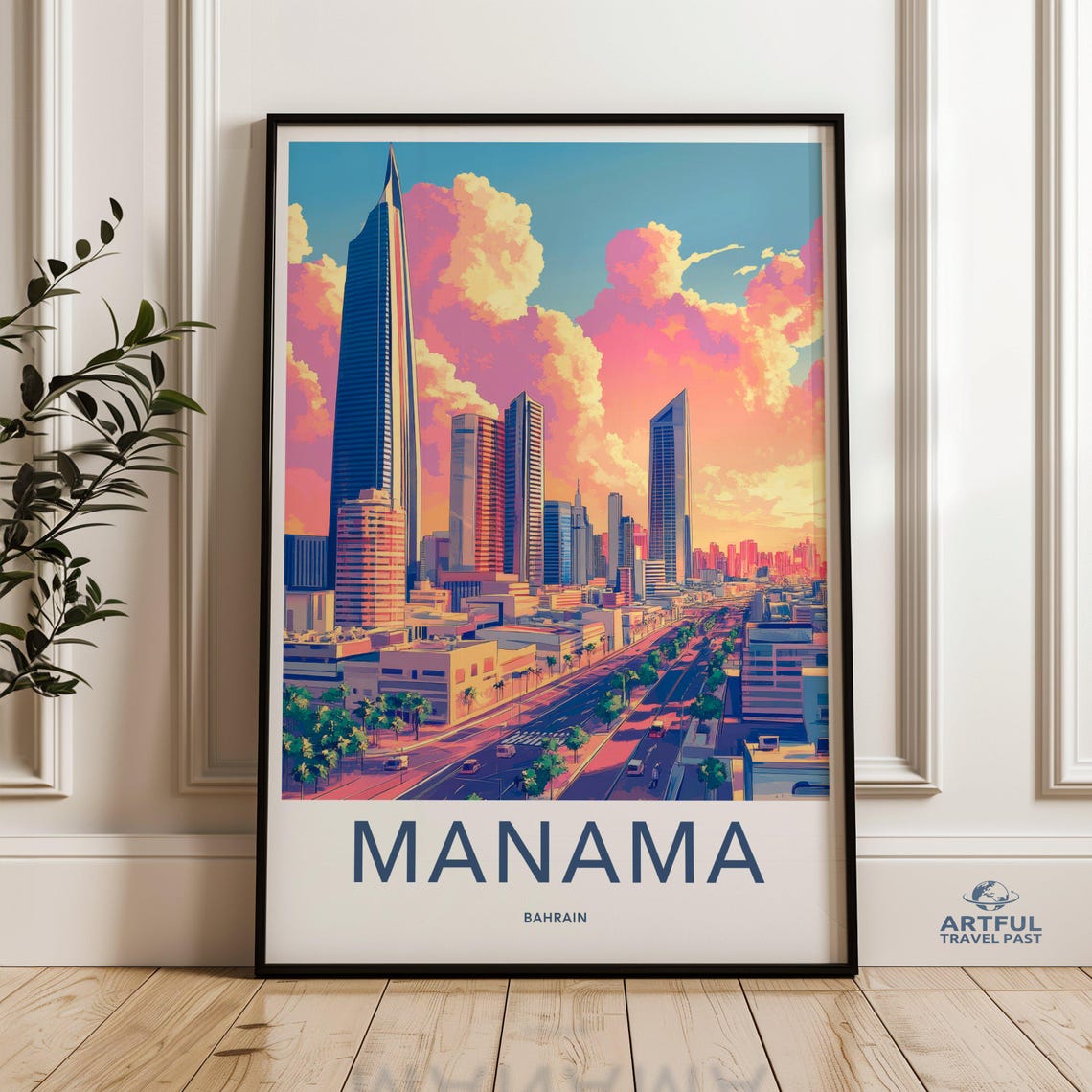 Manama Bahrain Modern Skyline Colorful Sunset City Travel Poster