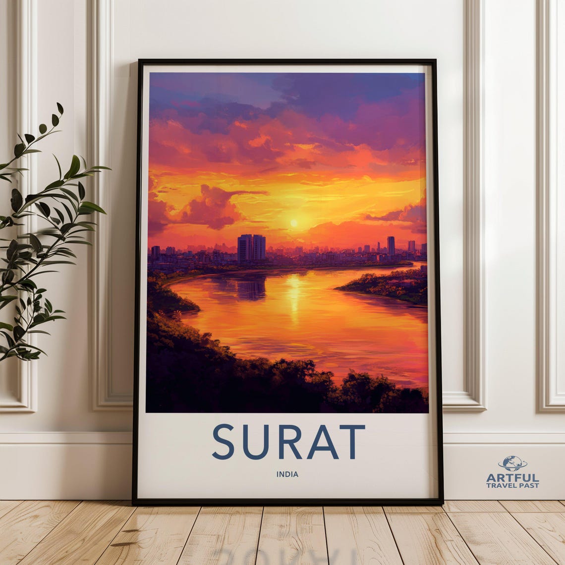 Surat India Vintage Travel Poster Sunset River City Skyline Decor