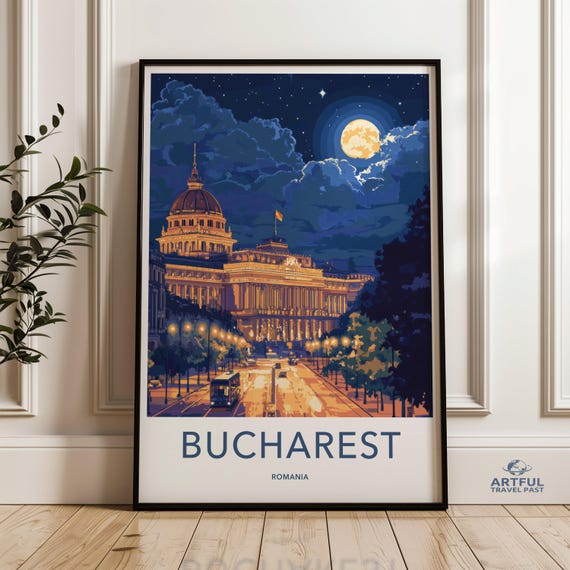 Bucharest City Nightscape Wall Art Romania Travel Poster European Print Urban Landscape Decor Night Scene Artwork
