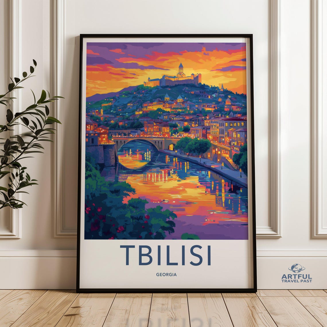 Tbilisi Georgia Sunset Cityscape River Reflection Travel Poster