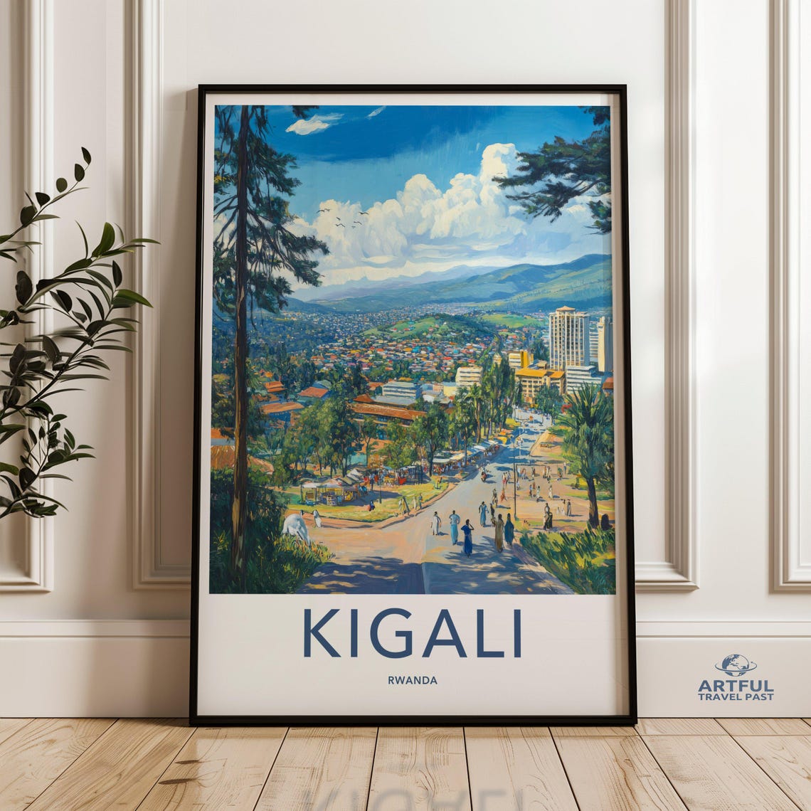 Kigali Rwanda Sunny Hillside Cityscape Vintage Travel Poster