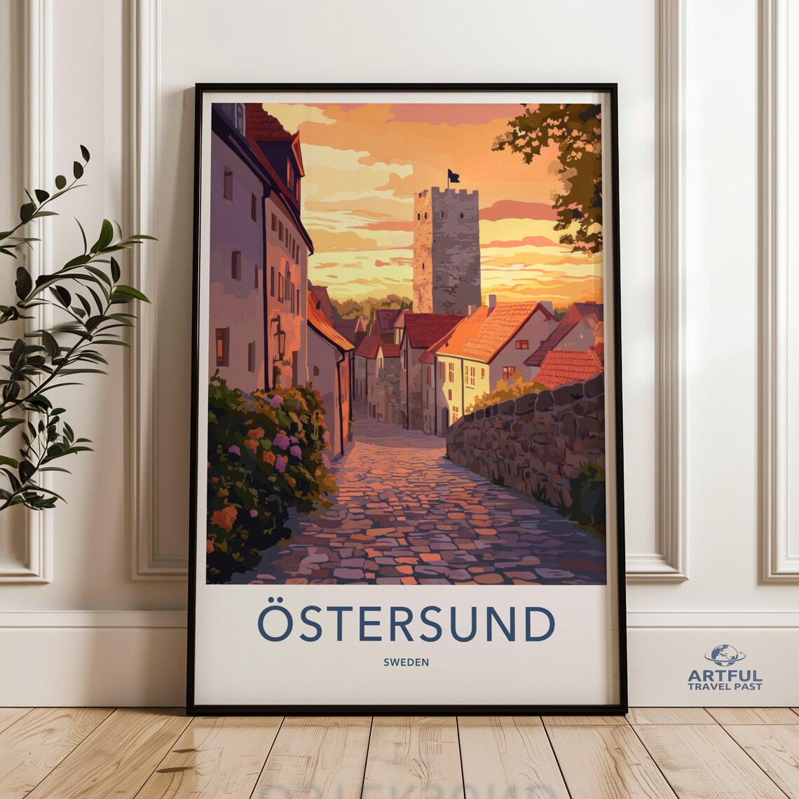 Ostersund Sweden Old Town Cobblestone Street Sunset Travel Poster